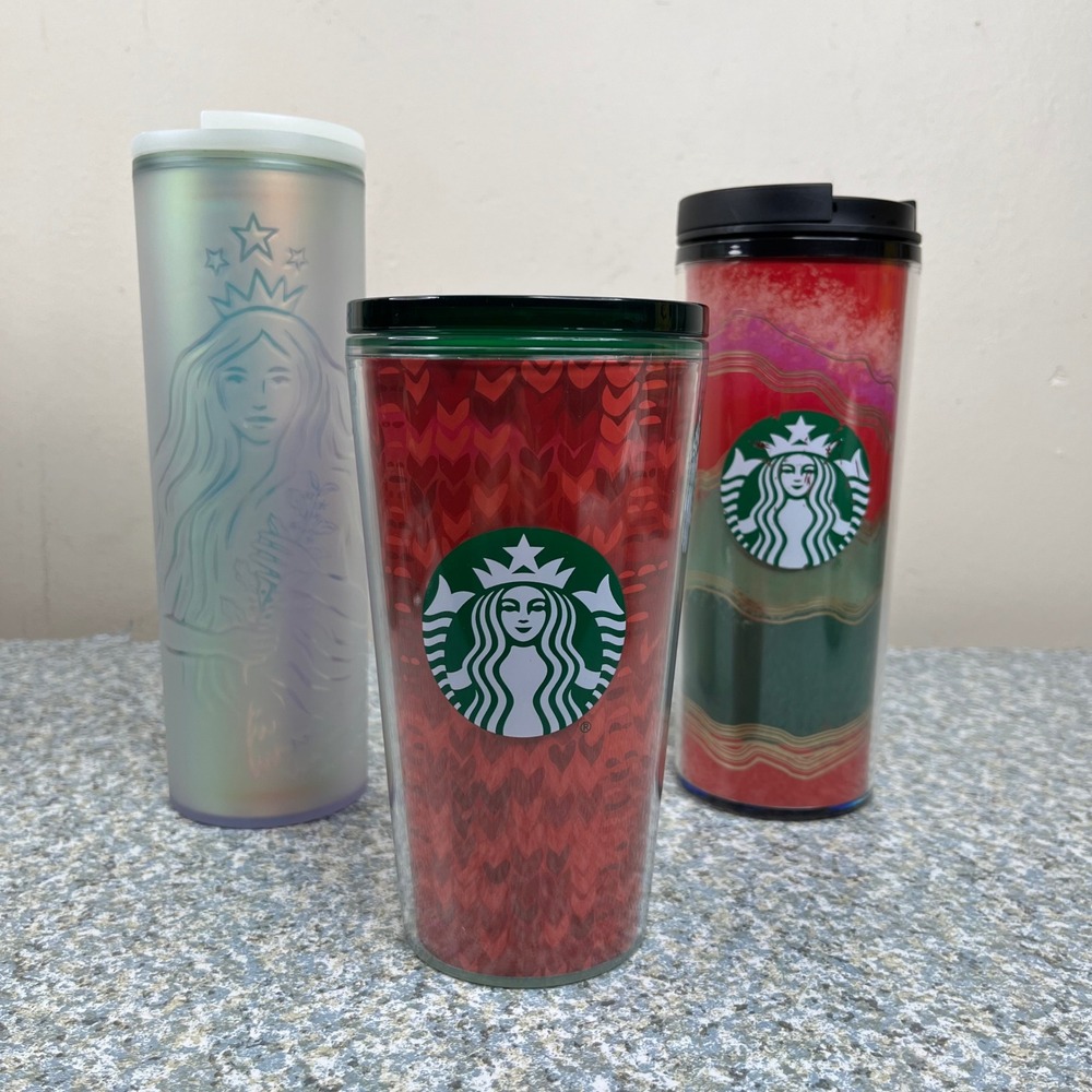 Starbucks Tumbler Lot 3 16oz Red Green Pearl Iridescent Hearts Reusable Cup Set